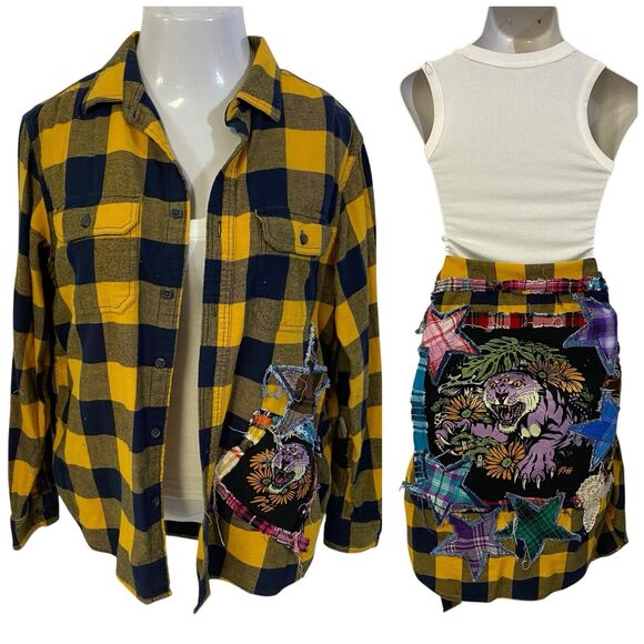 Flannel Shirt Women Large Yellow Tiger Grunge Camp Rock Country Upcycled Crochet - Picture 4 of 16